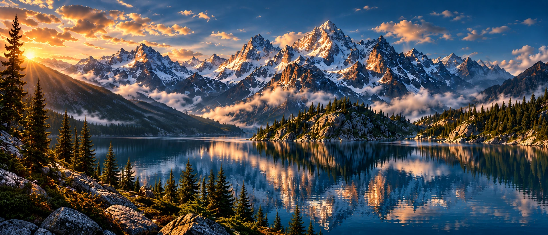 A sweeping snow-covered mountain range at sunrise reflected in a clear alpine lake